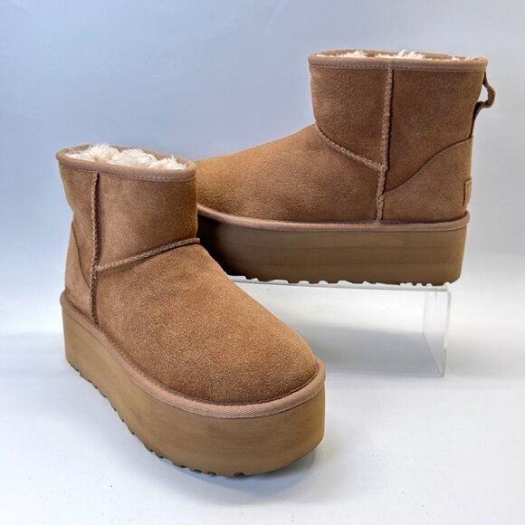 UGG Classic Mini Platform Chestnut Suede Boots Women Size 7 - Picture 9 of 11